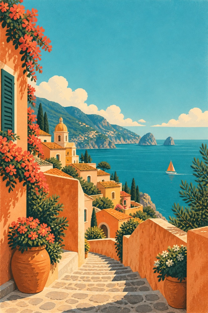 Coastal travel poster example for an Image 2.5 AI prompt